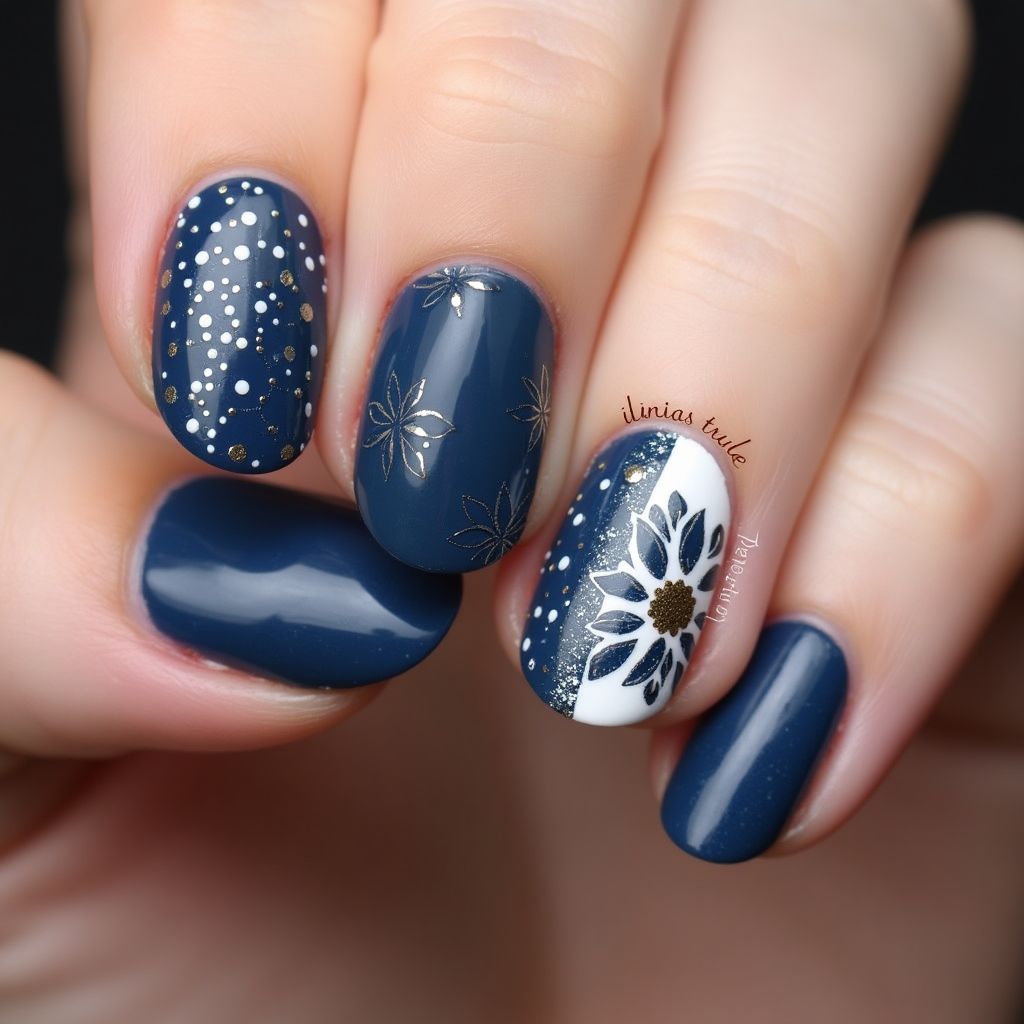 Navy Blue Dotting Nail Design