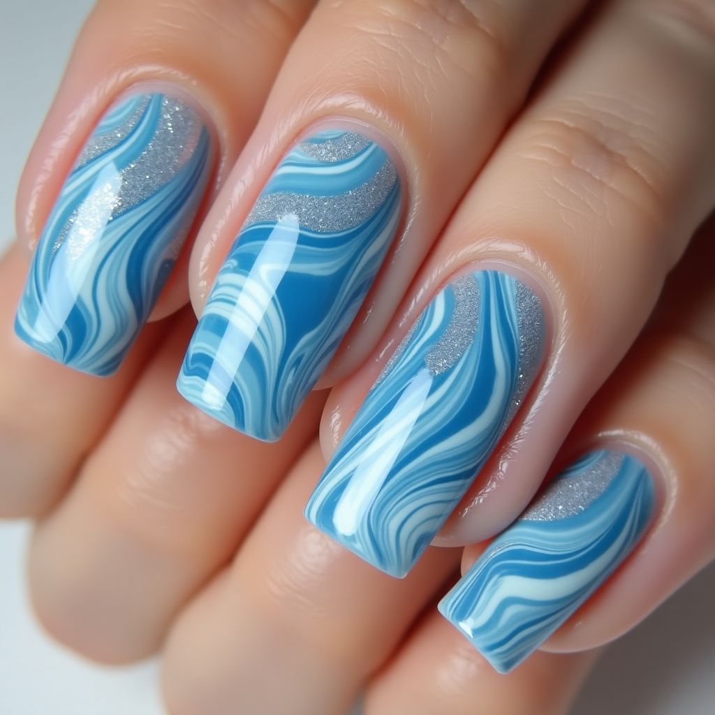 Sky Blue Water Marbling Nail Design