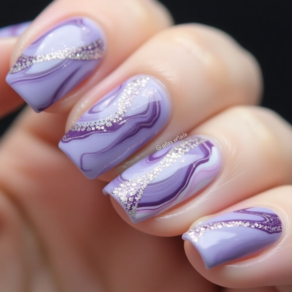 Lilac Water Marbling Nail Design