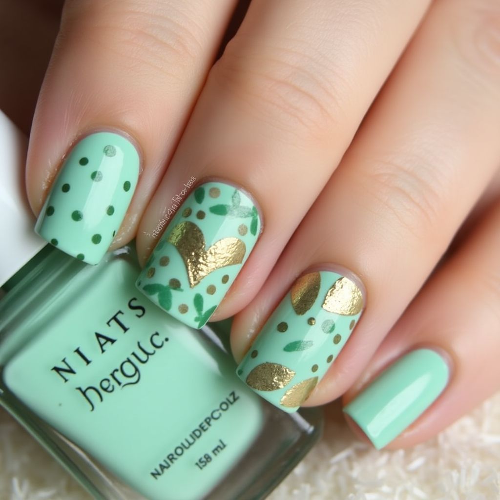 Mint Green Freehand Art Nail Design