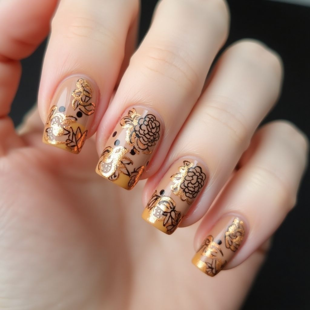 Tan Freehand Art Nail Design