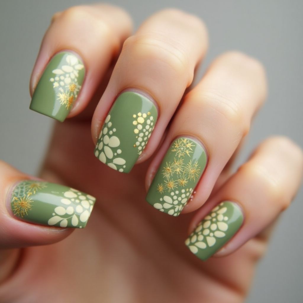 Olive Green Dotting Nail Design