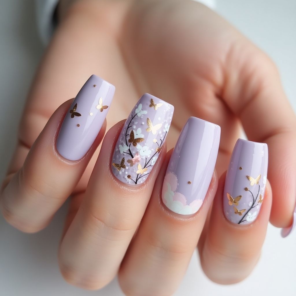Lilac Freehand Art Nail Design