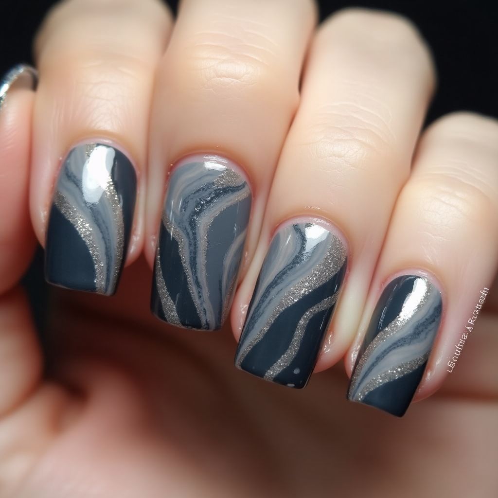 Charcoal Gray Water Marbling Nail Design