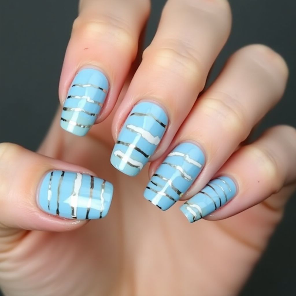 Baby Blue Stripes And Lines Nail Design