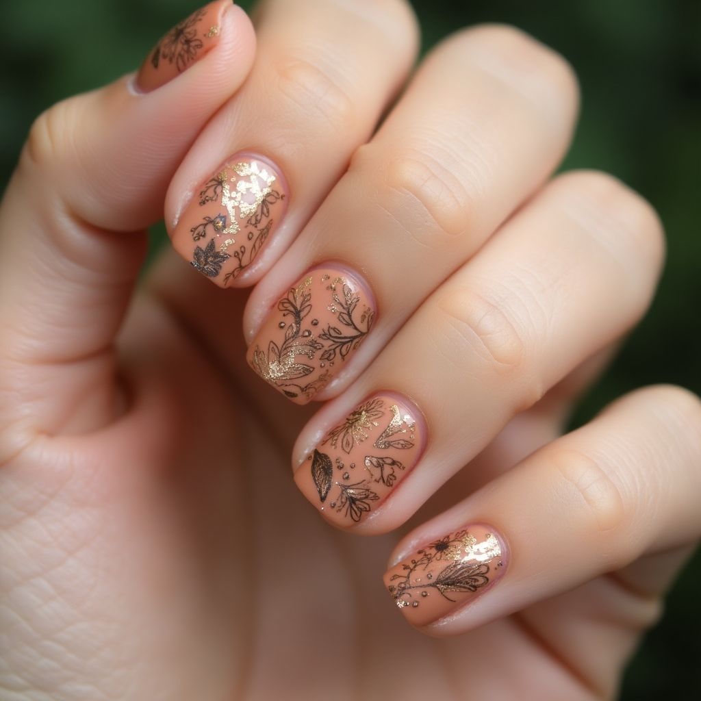 Tan Freehand Art Nail Design