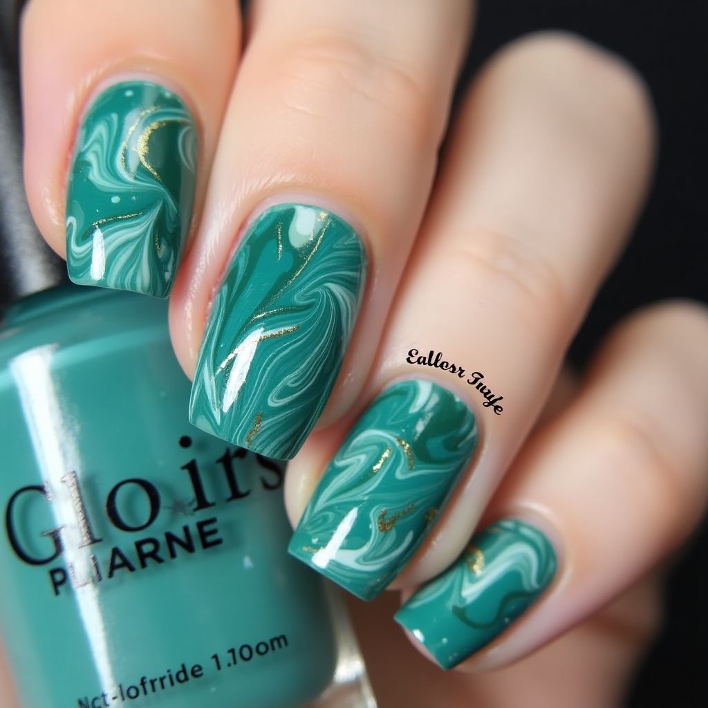 Teal Water Marbling Nail Design