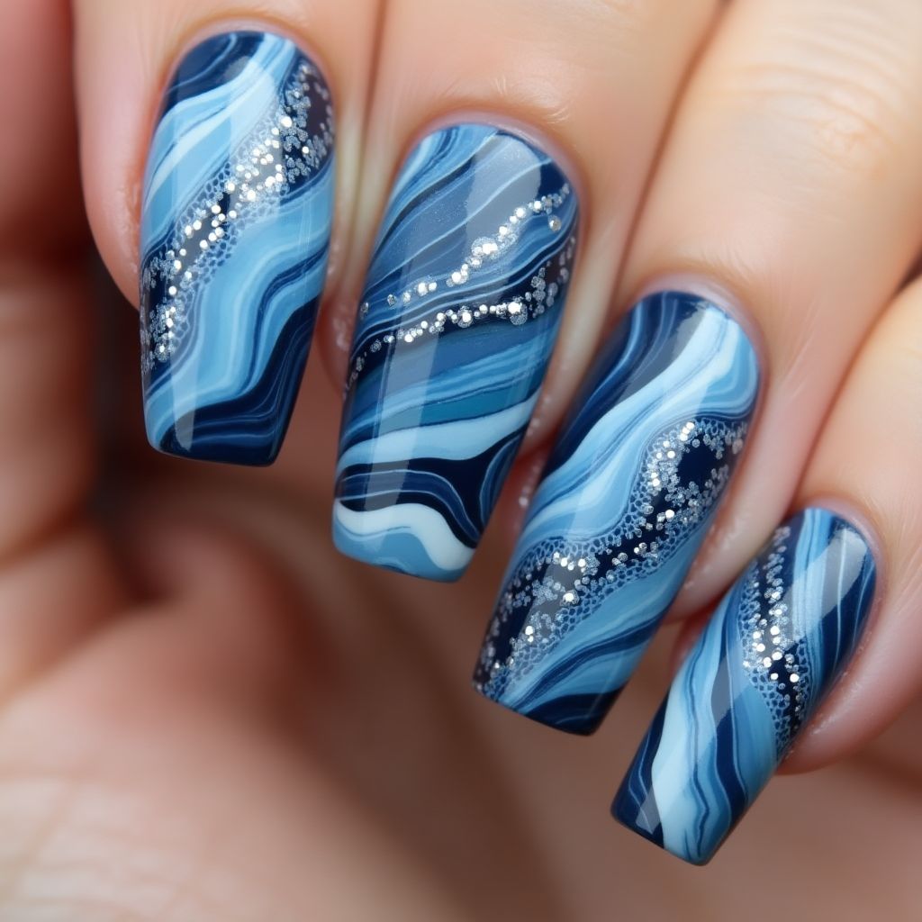 Navy blue Water marbling Nail Design