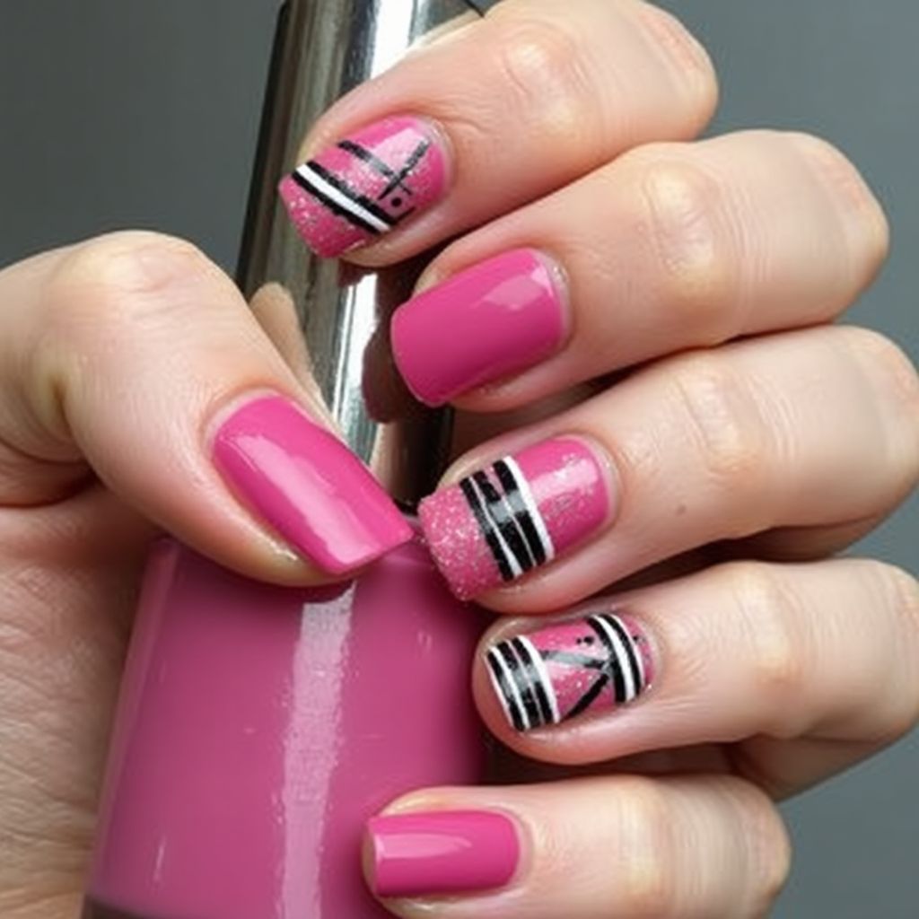 Fuchsia Stripes And Lines Nail Design