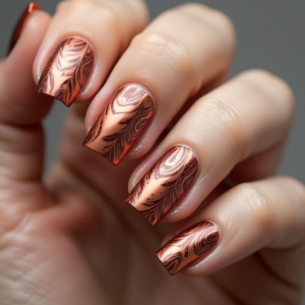 Copper Water Marbling Nail Design