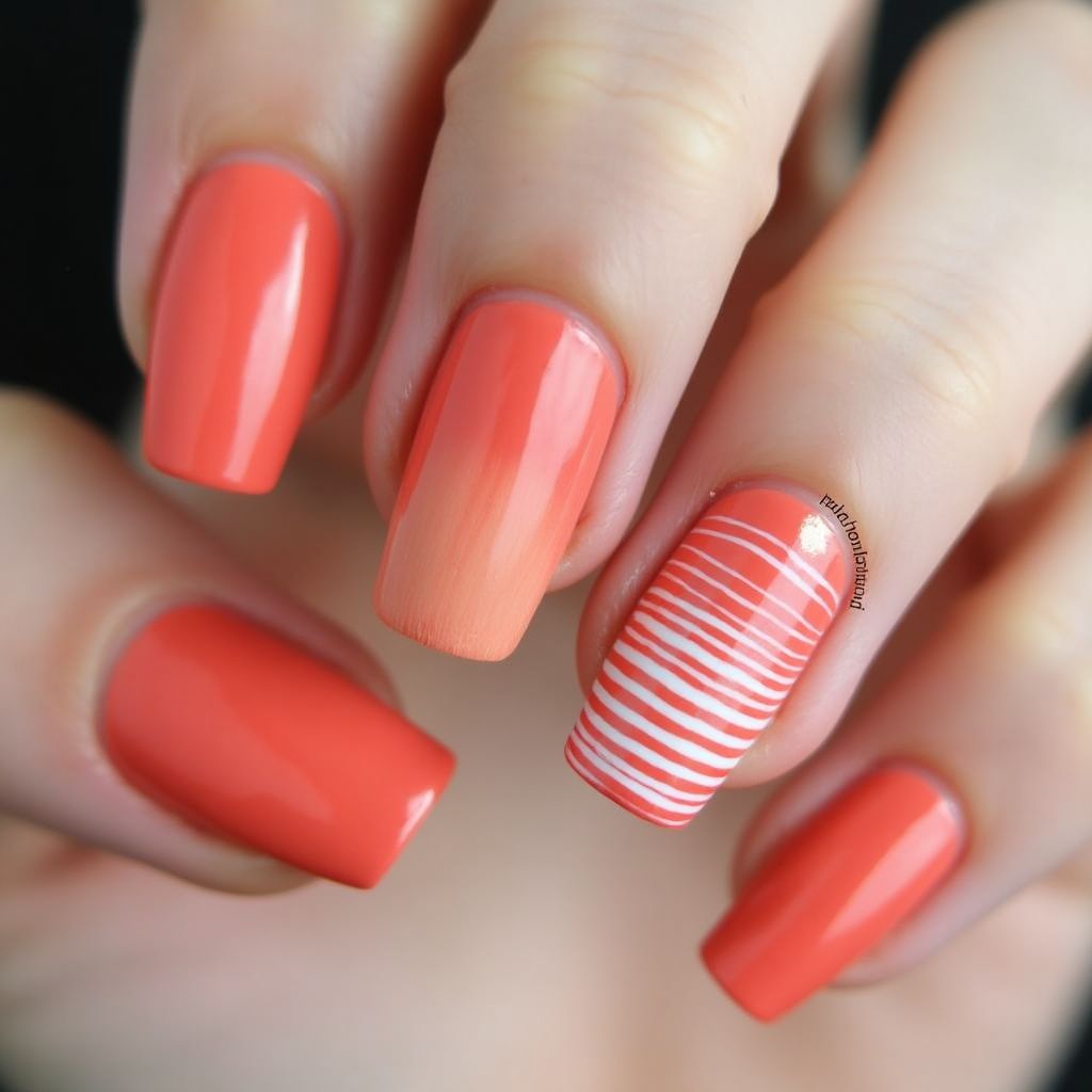 Coral Stripes And Lines Nail Design