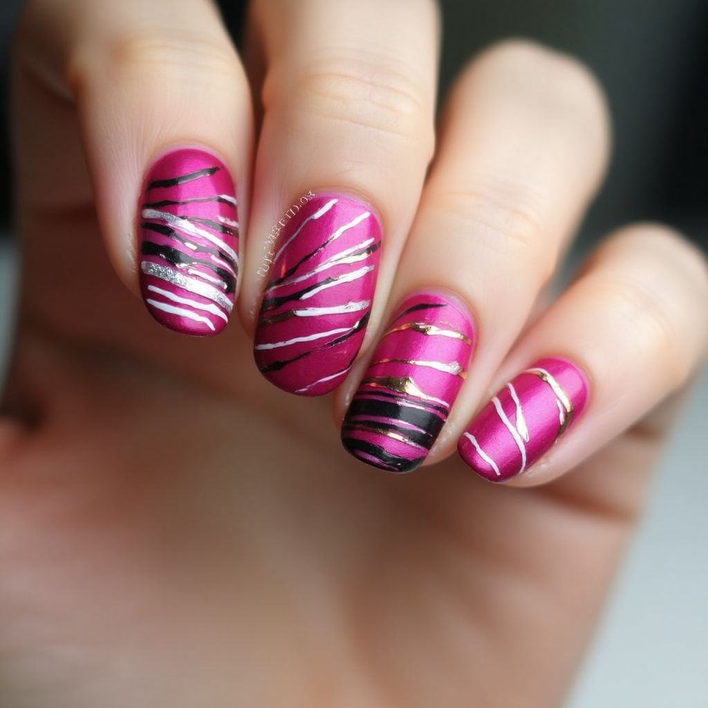 Fuchsia Stripes And Lines Nail Design
