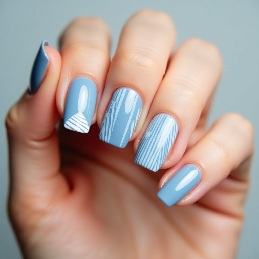 Baby Blue Stripes And Lines Nail Design