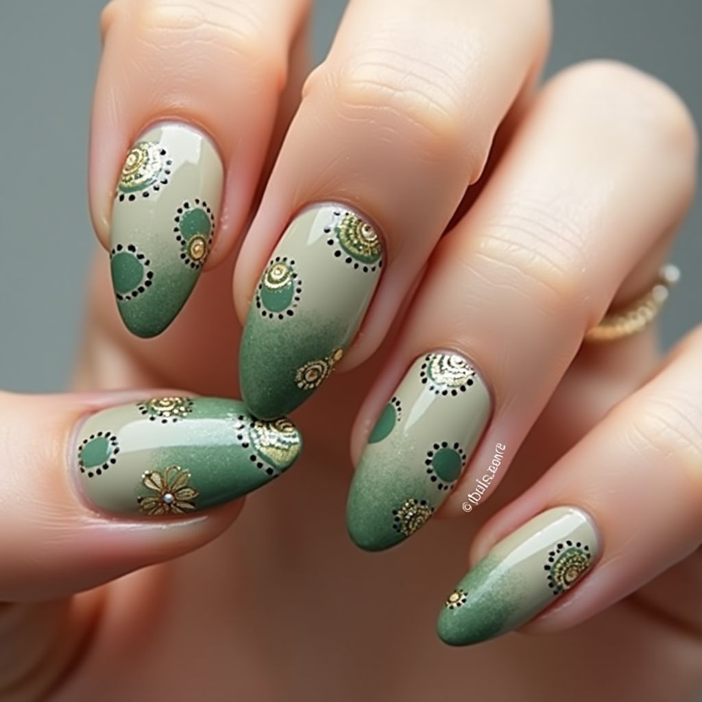 Olive Green Dotting Nail Design