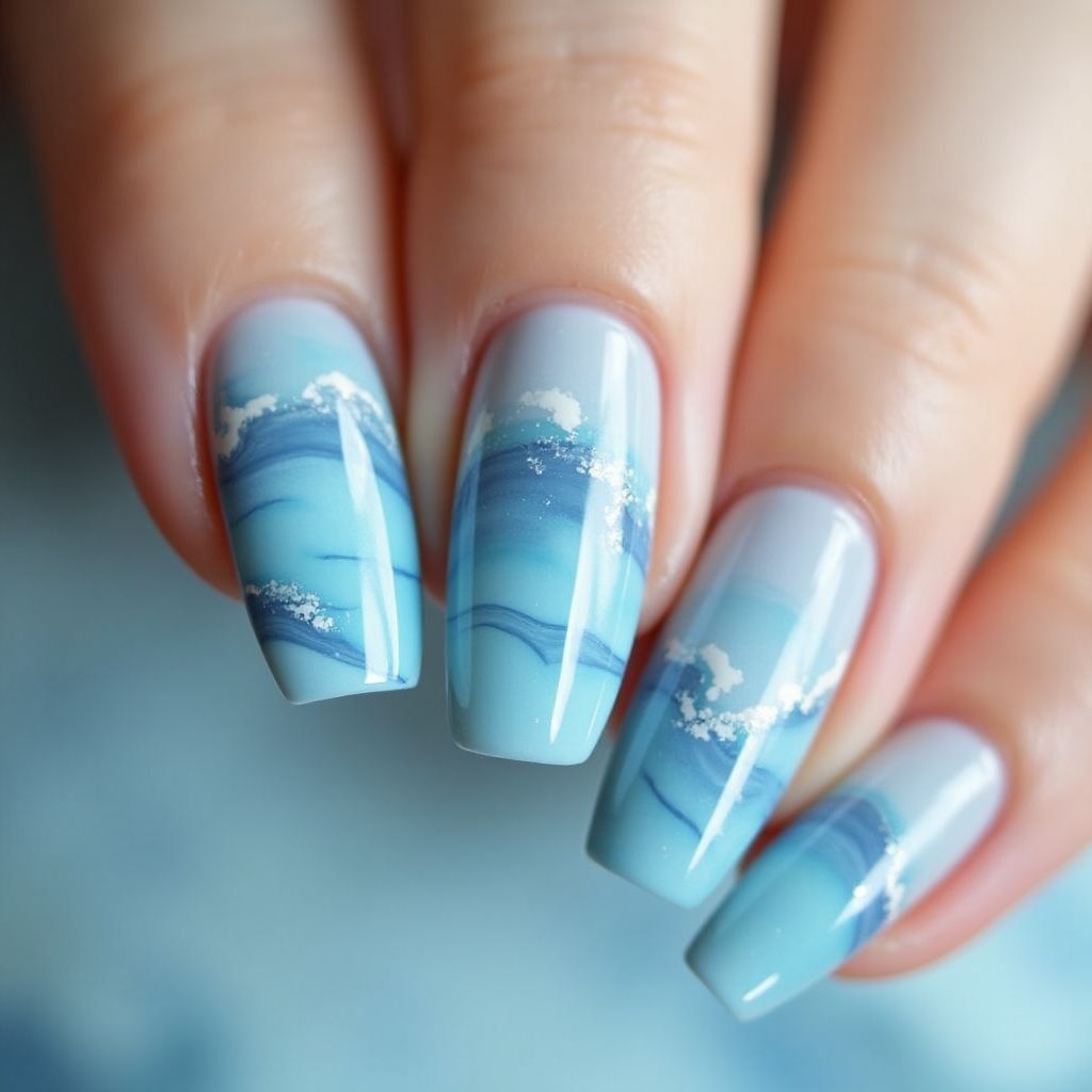 Pastel Blue Water Marbling Nail Design