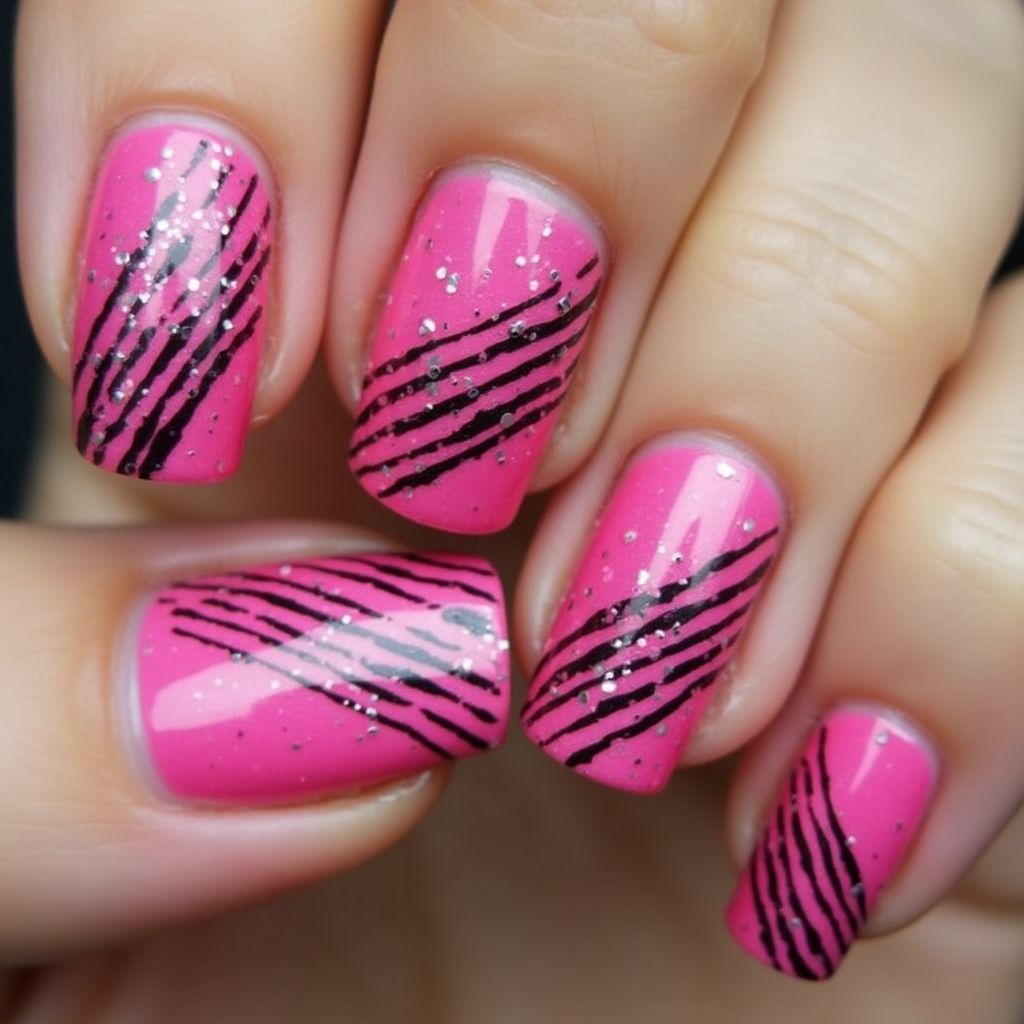 Hot Pink Stripes And Lines Nail Design