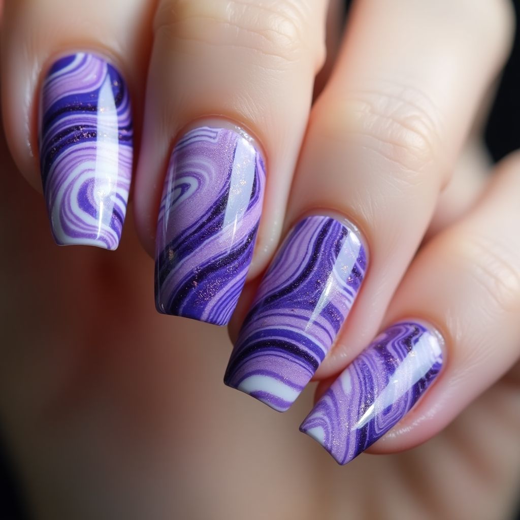 Purple Water Marbling Nail Design