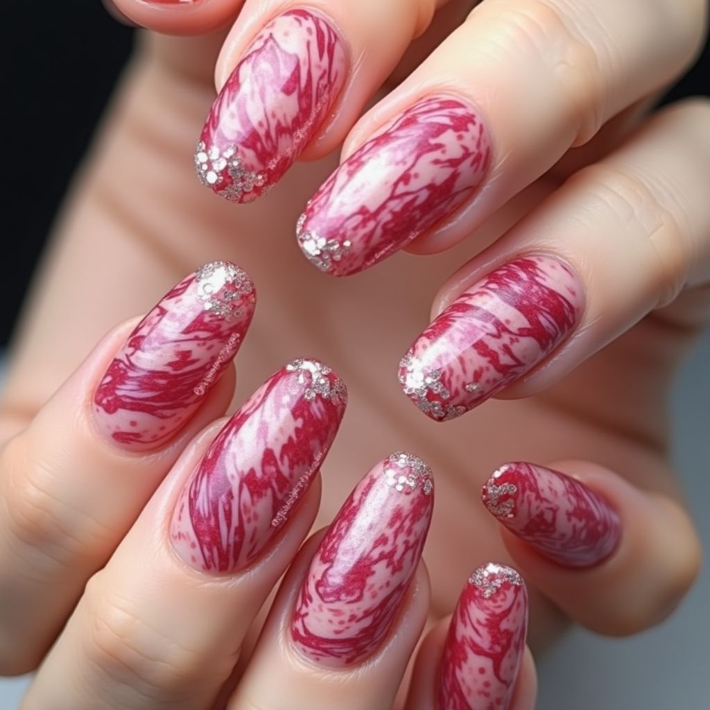 Hot Pink Water Marbling Nail Design