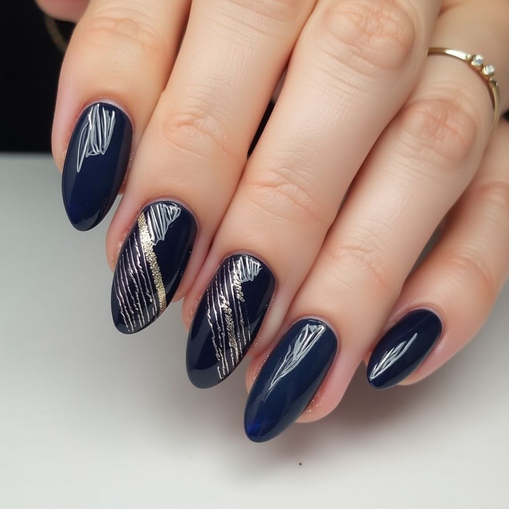 Navy Blue Stripes And Lines Nail Design