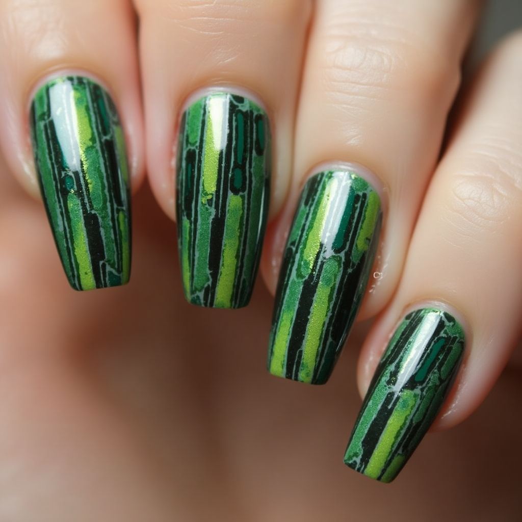 Green Stripes and lines Nail Design