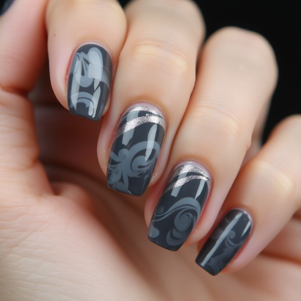 Charcoal gray Water marbling Nail Design
