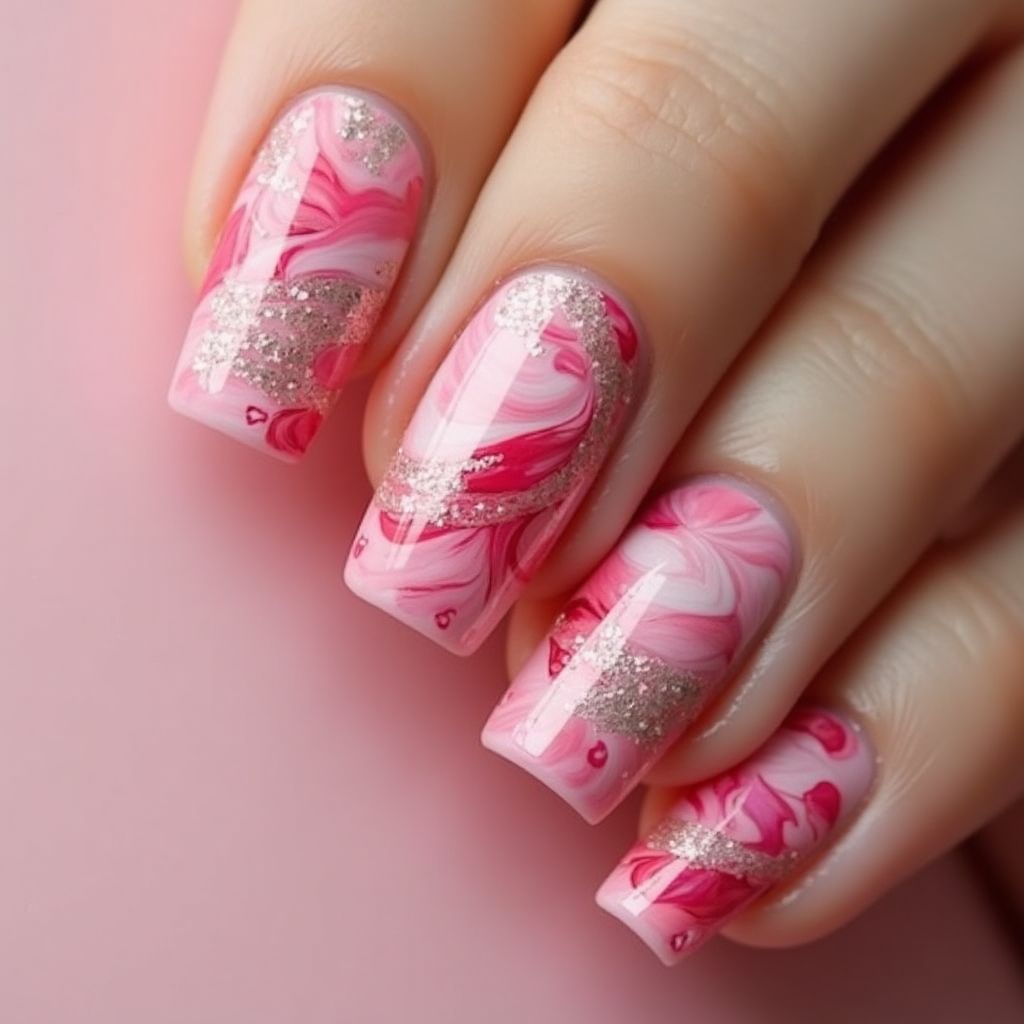 Pink Water Marbling Nail Design