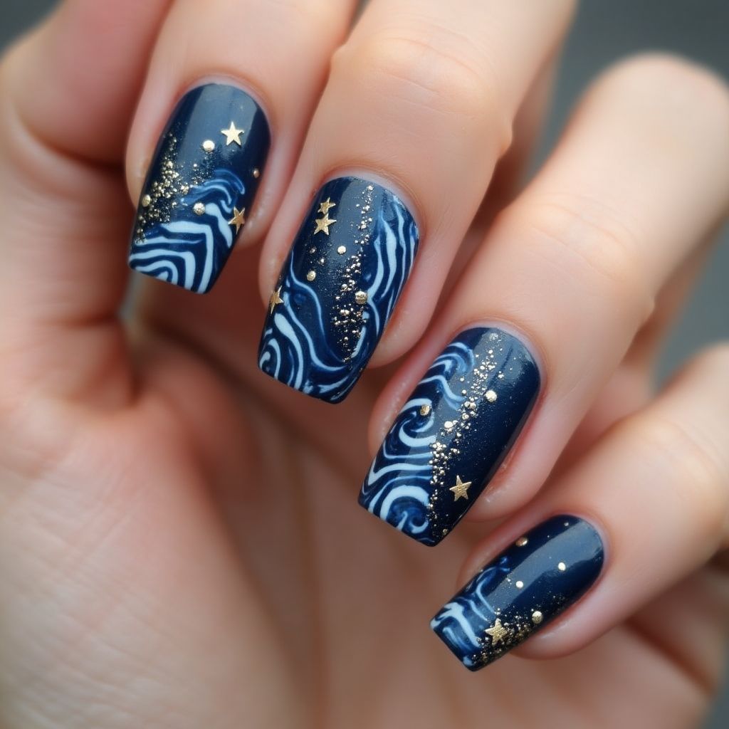Navy Blue Freehand Art Nail Design