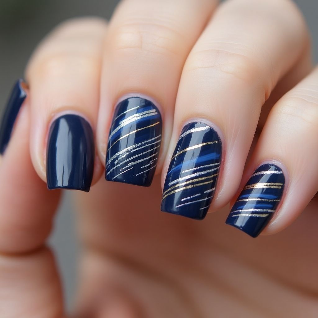 Navy Blue Stripes And Lines Nail Design
