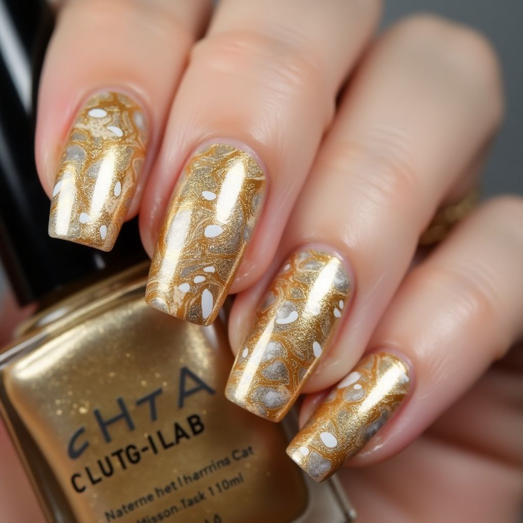 Gold Water Marbling Nail Design