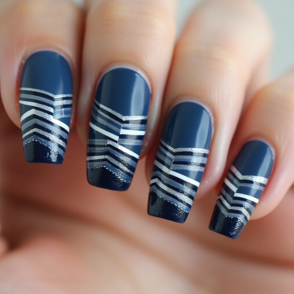 Navy blue Stripes and lines Nail Design