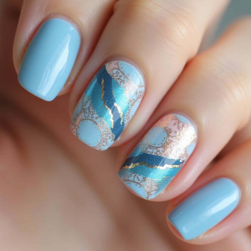 Baby Blue Freehand Art Nail Design