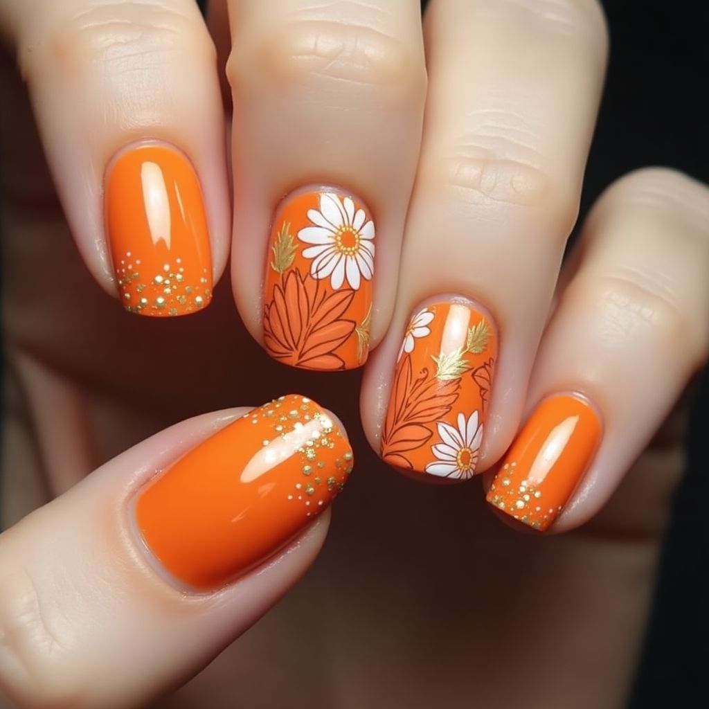 Orange Freehand Art Nail Design