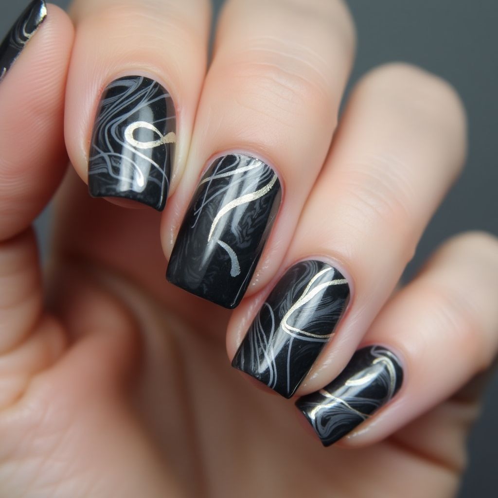 Charcoal Gray Water Marbling Nail Design