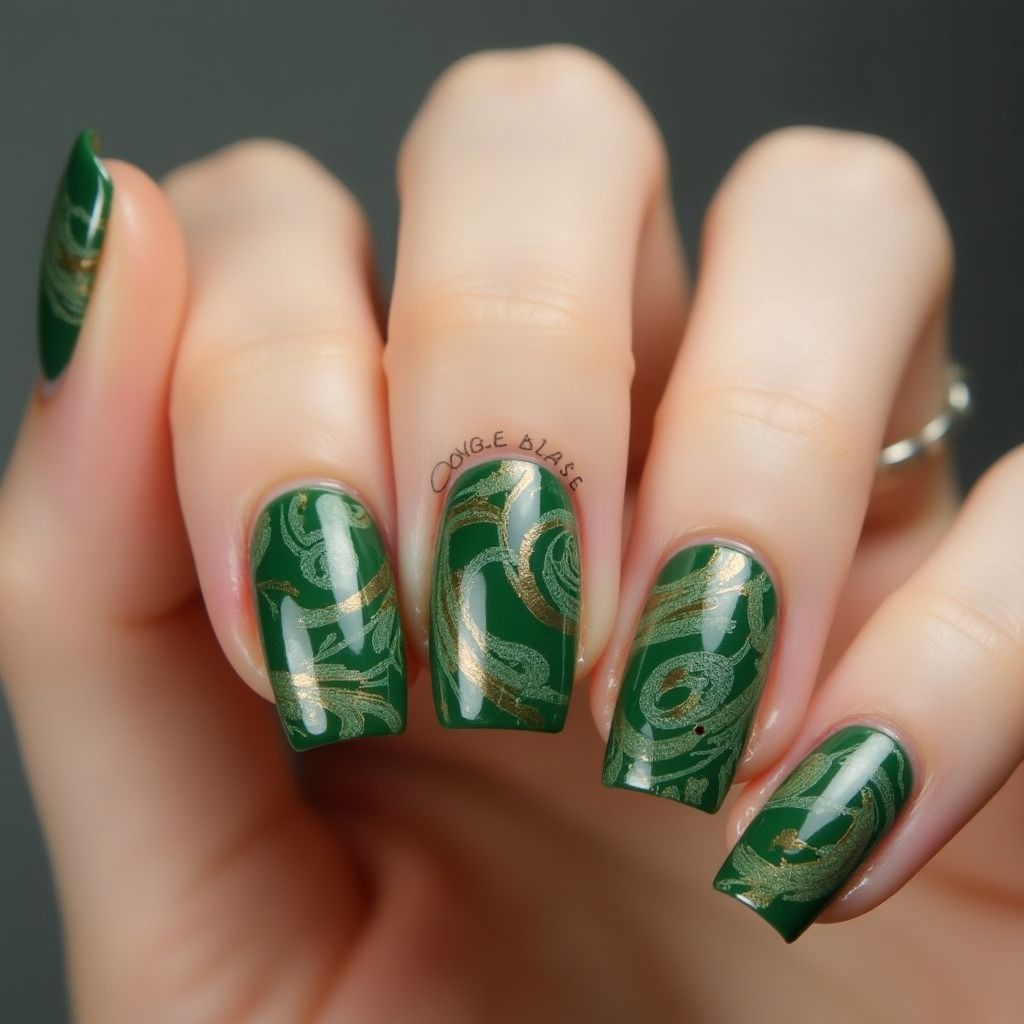 Olive Green Water Marbling Nail Design