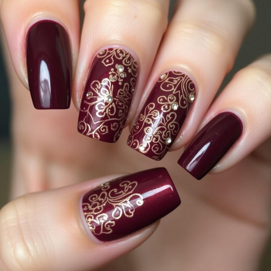 Wine Freehand Art Nail Design
