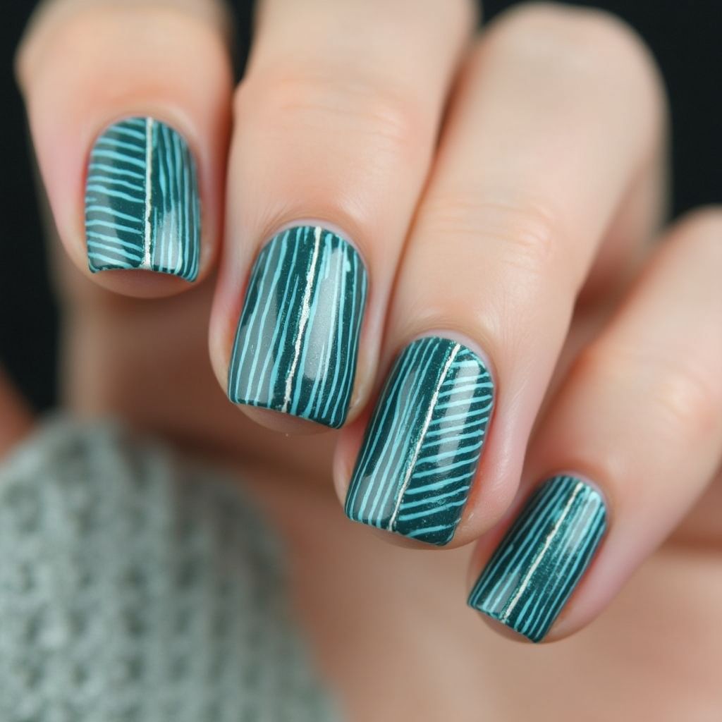 Teal Stripes And Lines Nail Design