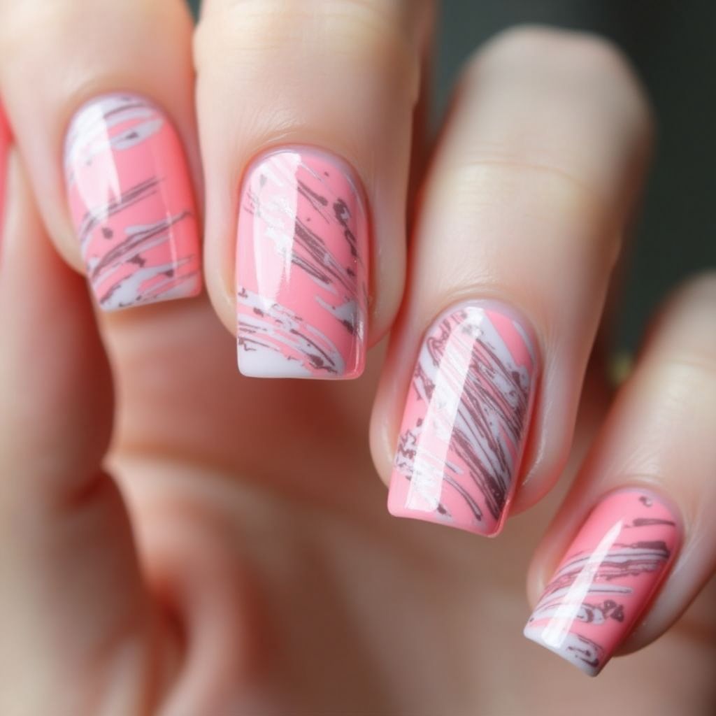 Pink Water Marbling Nail Design