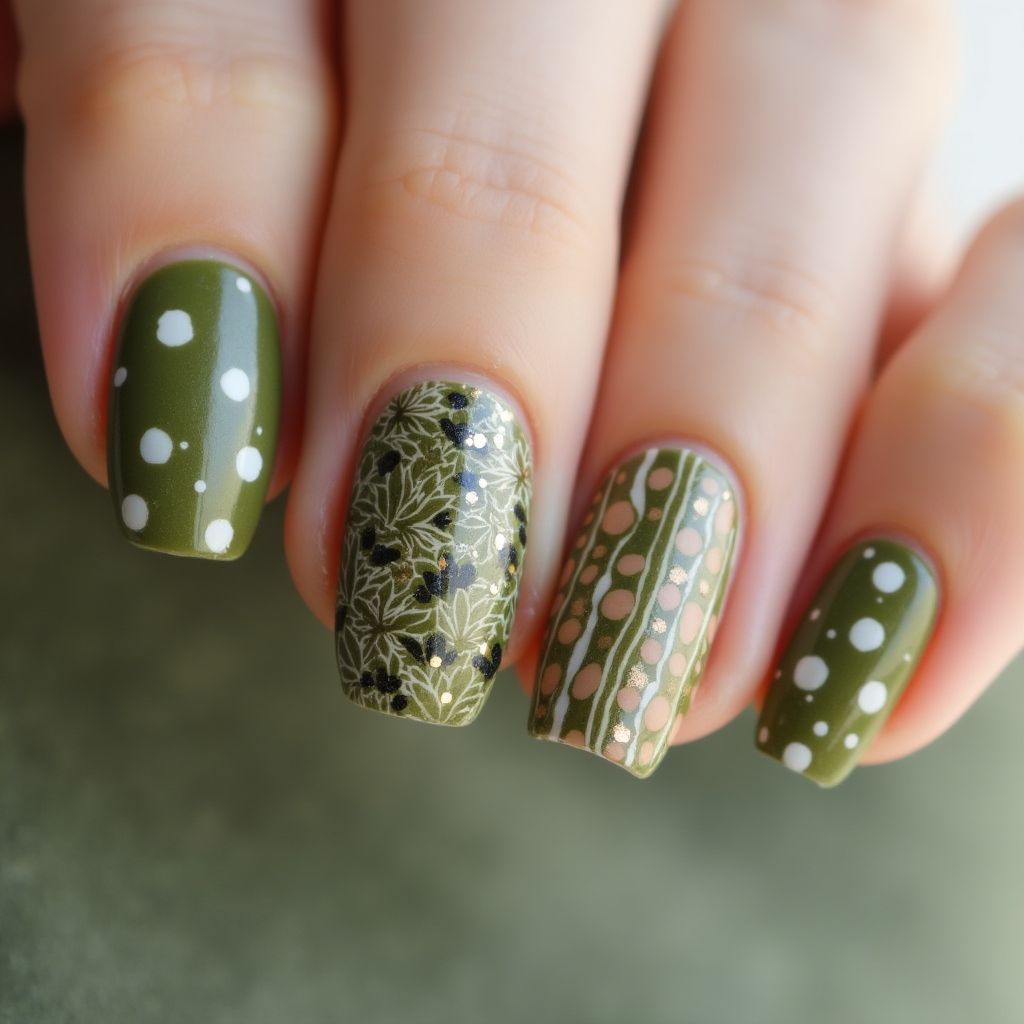 Olive Green Dotting Nail Design