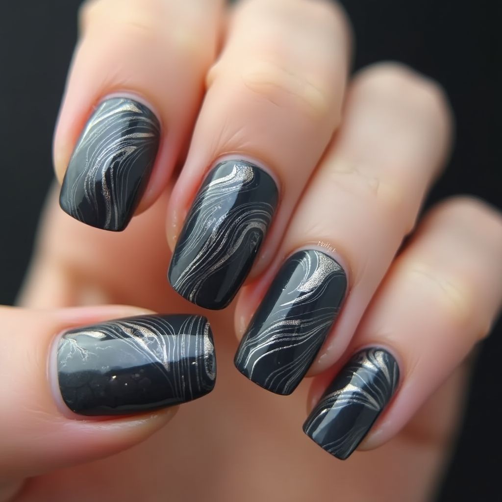 Charcoal Gray Water Marbling Nail Design