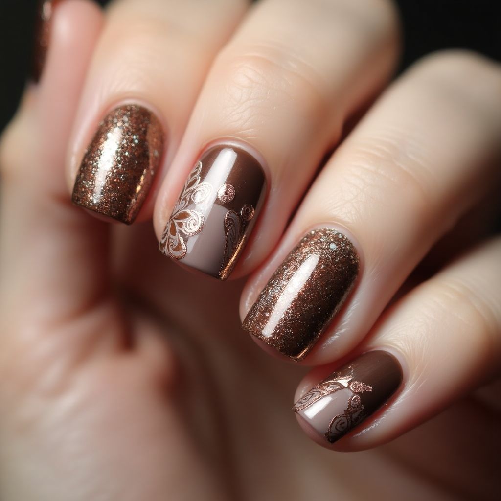 Bronze Freehand Art Nail Design