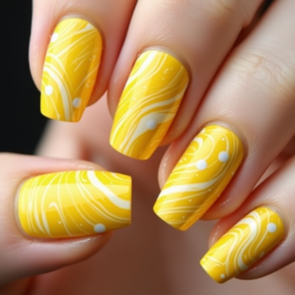 Yellow Water Marbling Nail Design