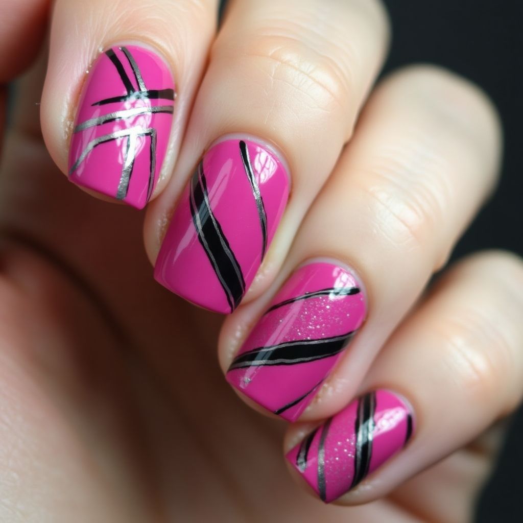 Fuchsia Stripes And Lines Nail Design