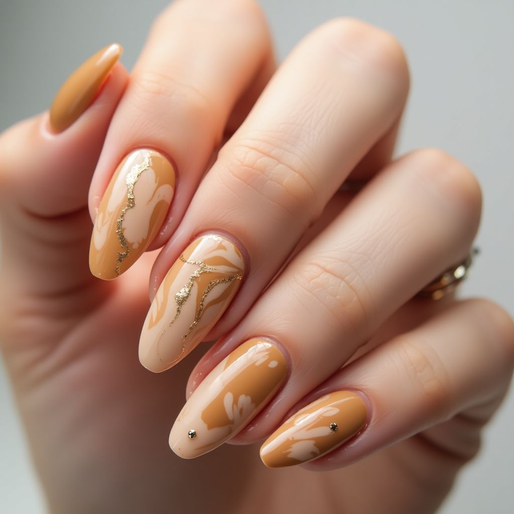 Tan Water Marbling Nail Design