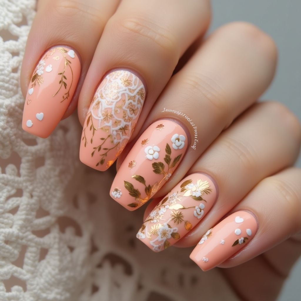Peach Freehand Art Nail Design