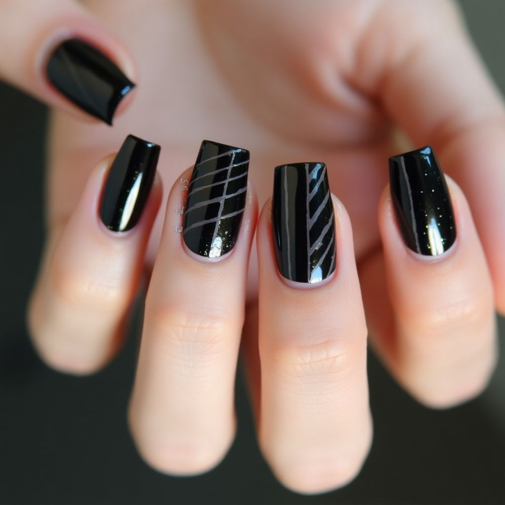 Black Stripes And Lines Nail Design
