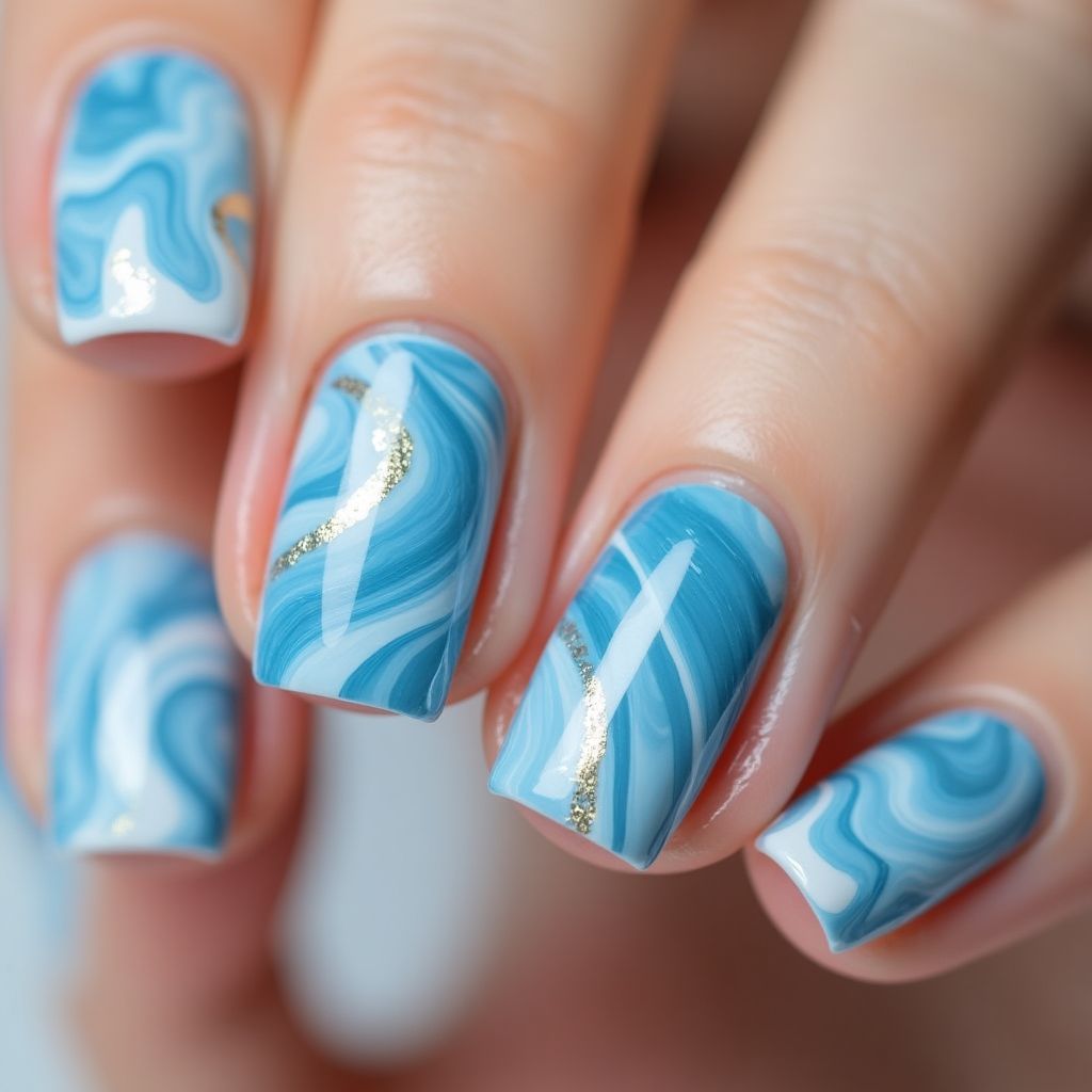 Baby Blue Water Marbling Nail Design