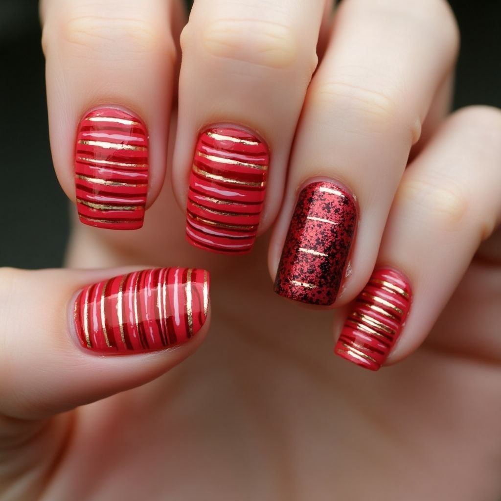 Red Stripes And Lines Nail Design