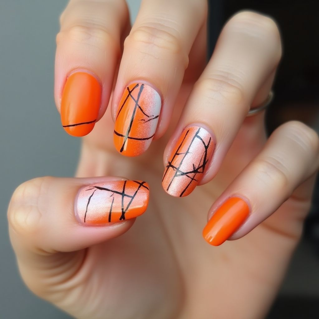 Orange Stripes And Lines Nail Design