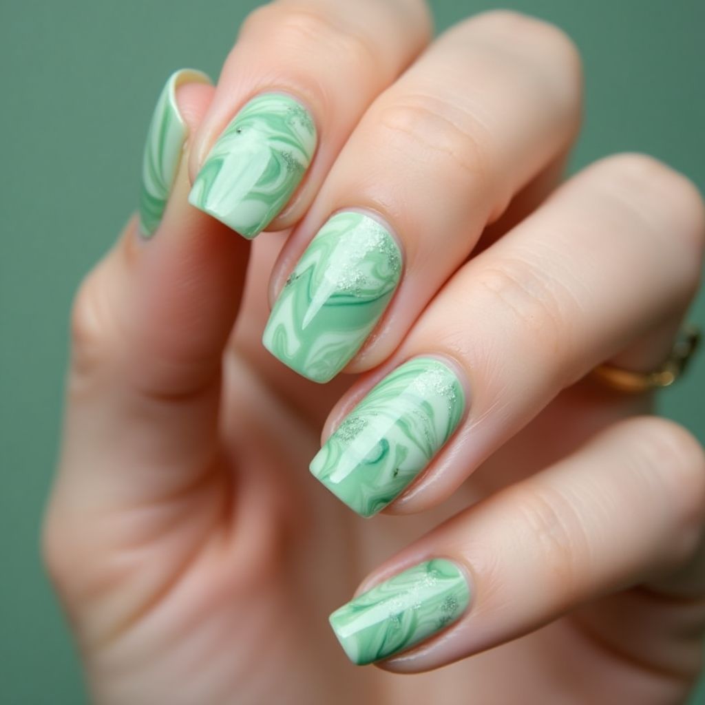 Pastel Green Water Marbling Nail Design
