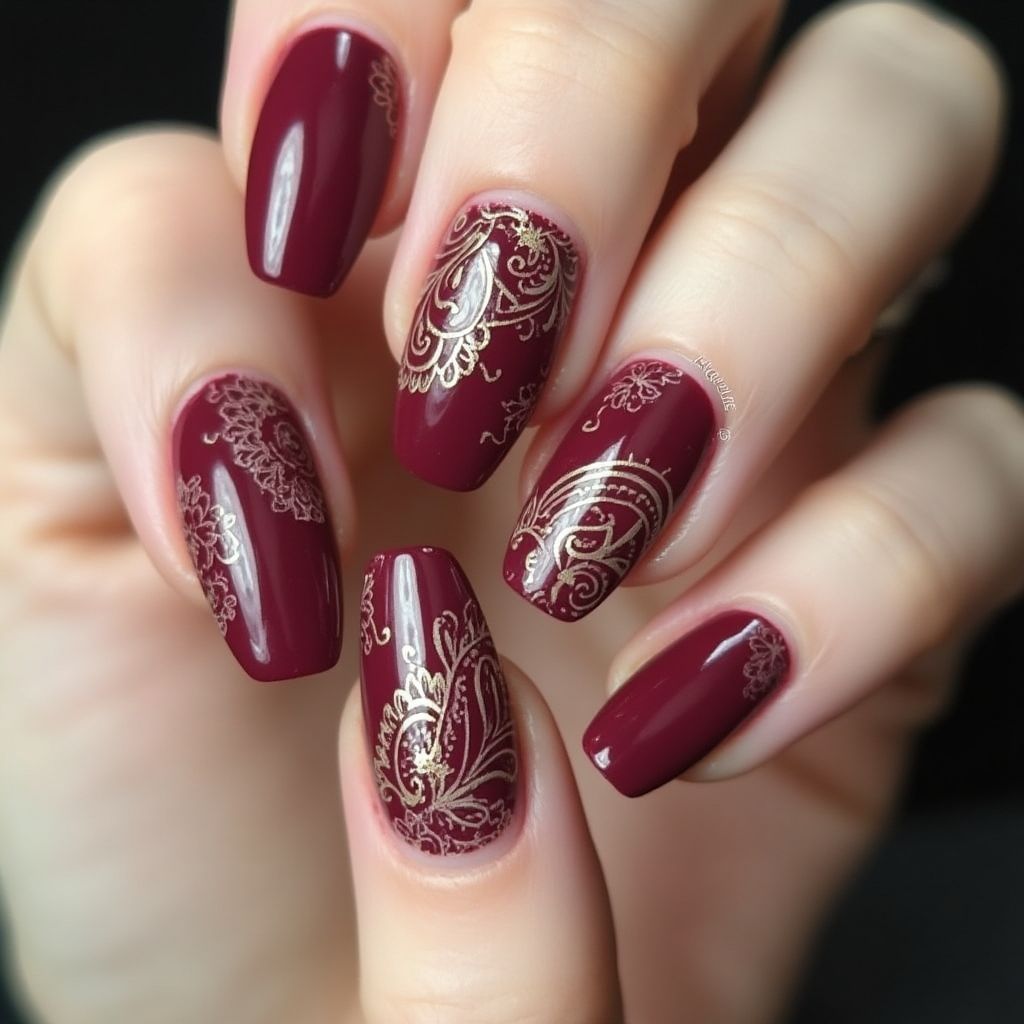 Burgundy Freehand Art Nail Design